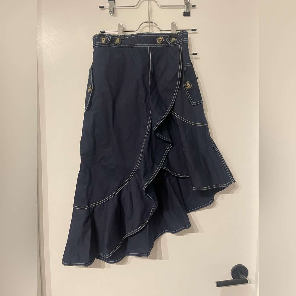 Self-Portrait Navy Asymmetric Ruffle Midi Skirt with Contrast Stitching